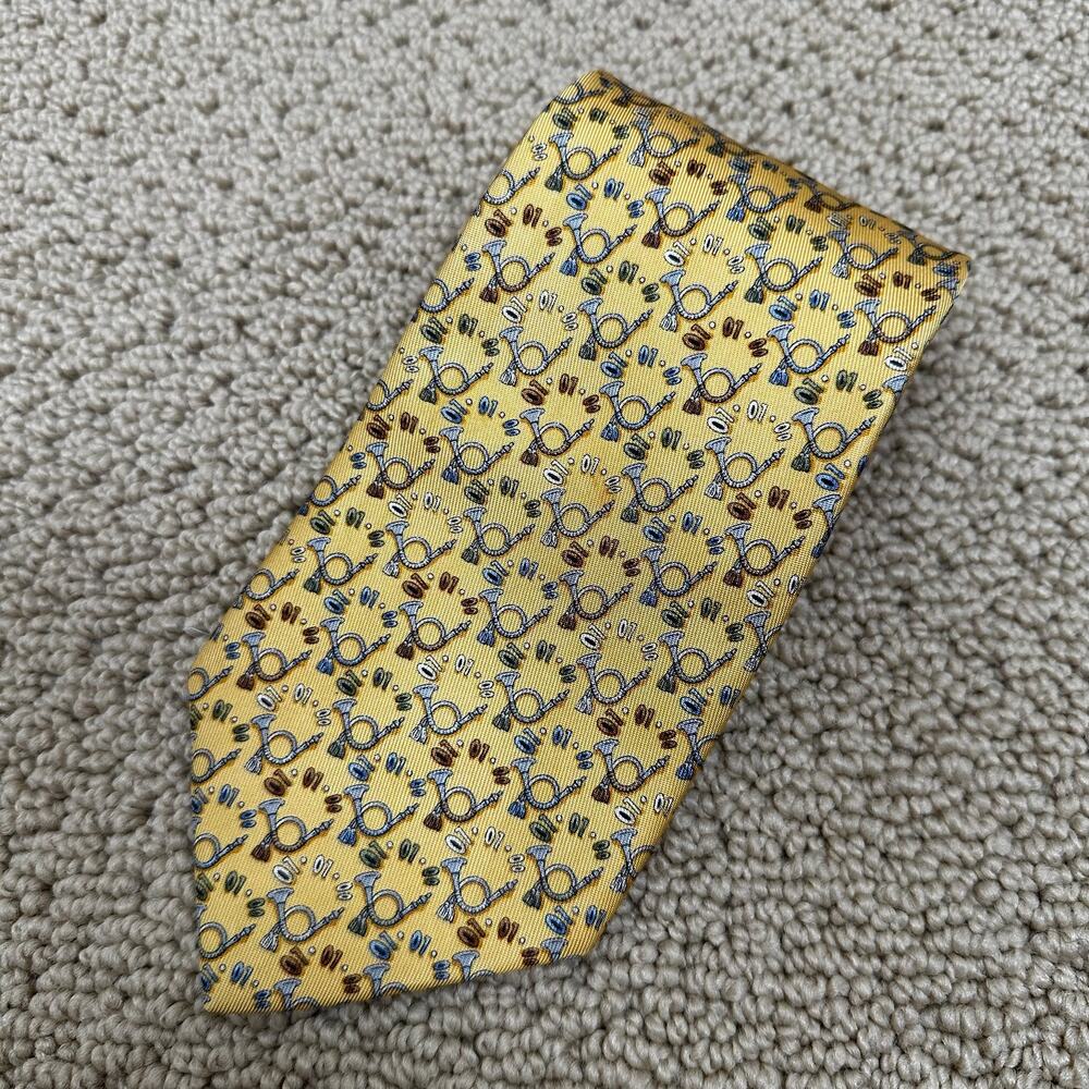 Salvatore Ferragamo Silk Necktie Tie Bugle Horn French Horn Italy Yellow Gold
